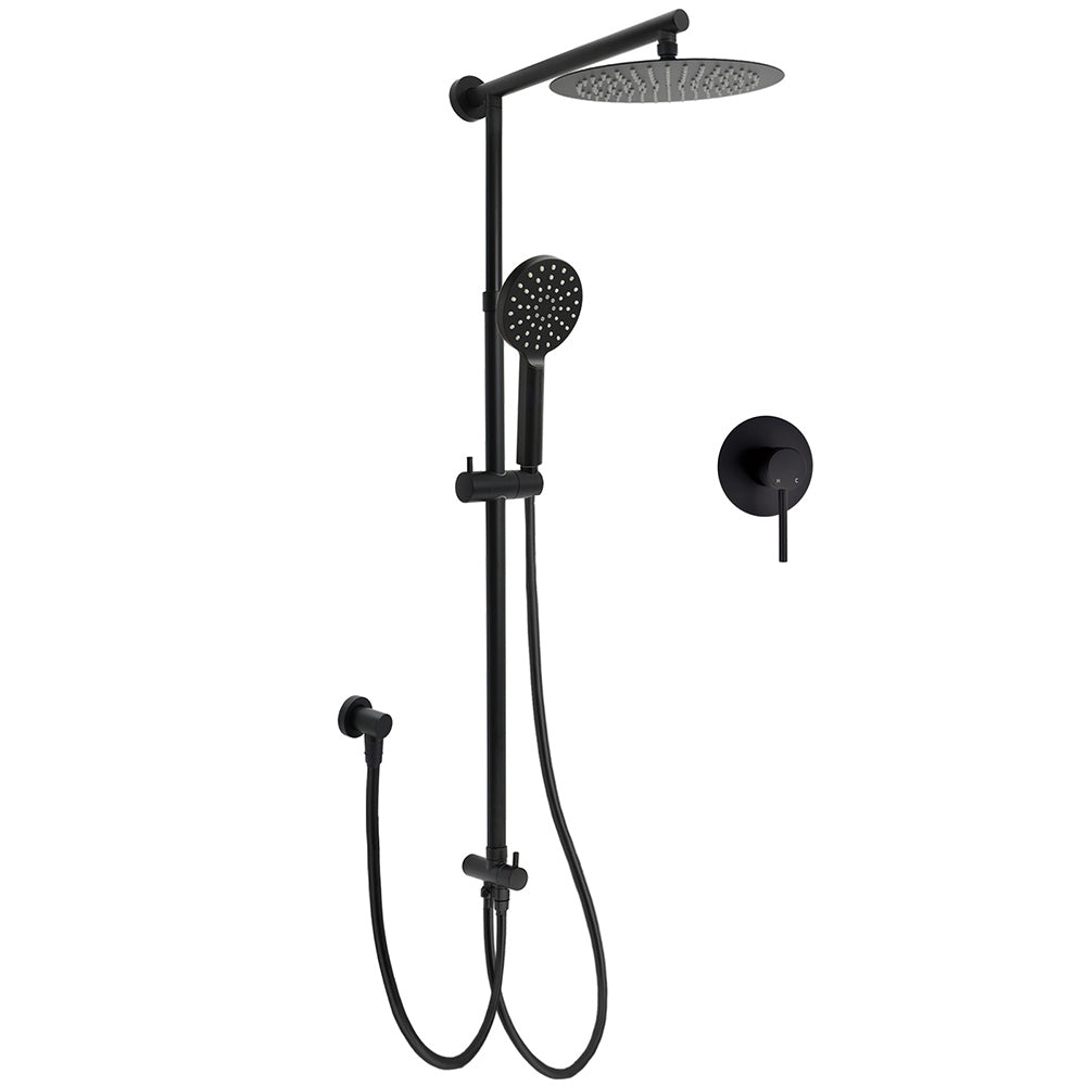Matt Black 2in1 Round Shower 10" Rain Head 3 Mode Handheld Sliding Rail Diverter Mixer Set