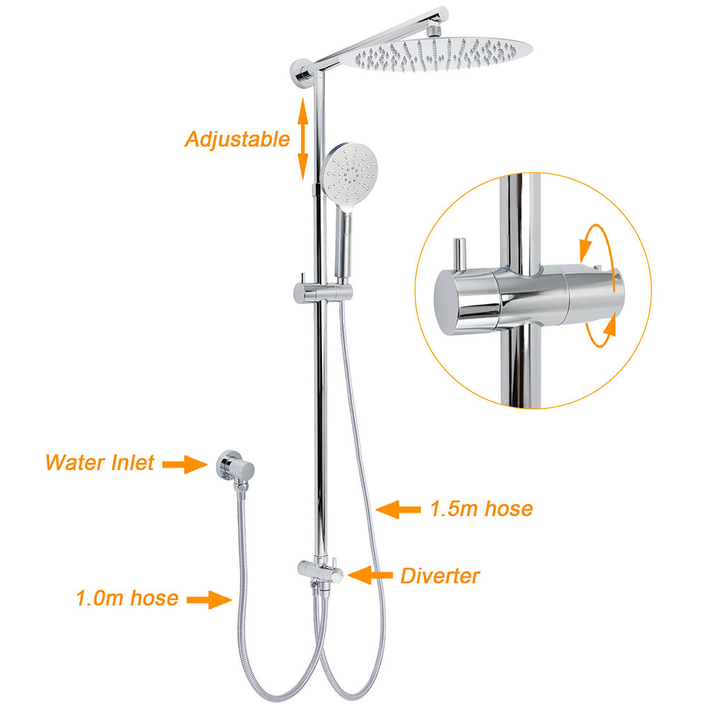 WELS Round 12" Rain Dual Shower Head 3 Modes Handheld Wall Rail Chrome Mixer Valve Set