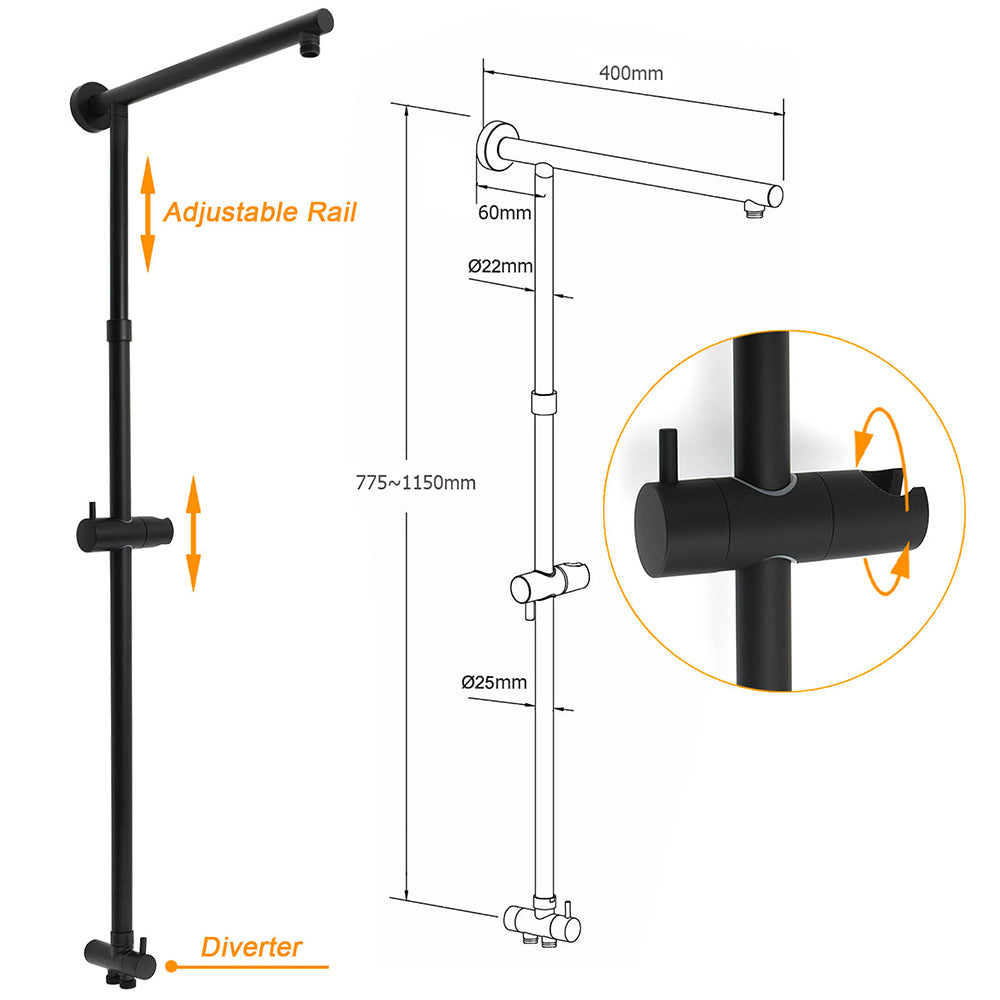 KYLINS Matt Black 9" Rain Shower Set - Twin Taps Rail & Handheld
