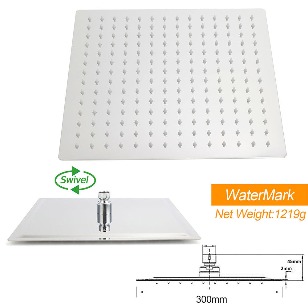 WELS Dual Square Shower Head 12" Rain Rose + 3 Modes Handheld Diverter Rail Arm Set