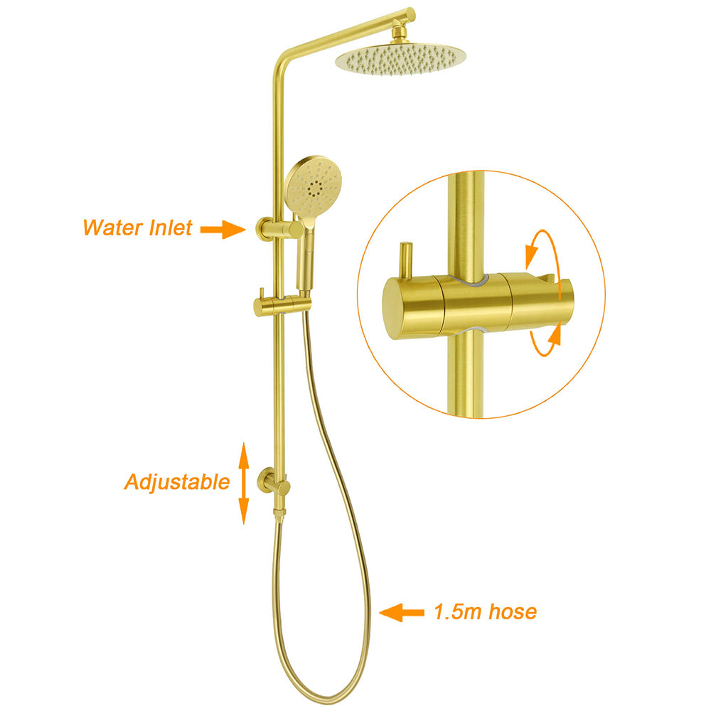 Brushed Gold Twin Shower Set 8" Round Head 3 Modes Handheld Sliding Rail Arm + Mixer