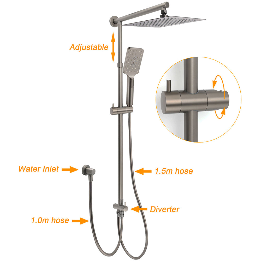 WELS Gun Metal 2in1 Shower Set Square 12" Rainfall Head Handheld Adjustable Silde Rail Combo