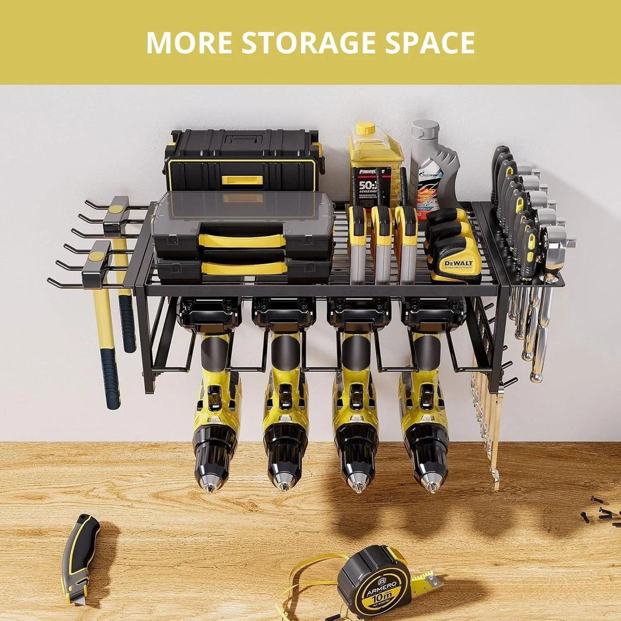 Wall-mounted metal tool organizer holding cordless drills, toolboxes, measuring tapes, and hand tools