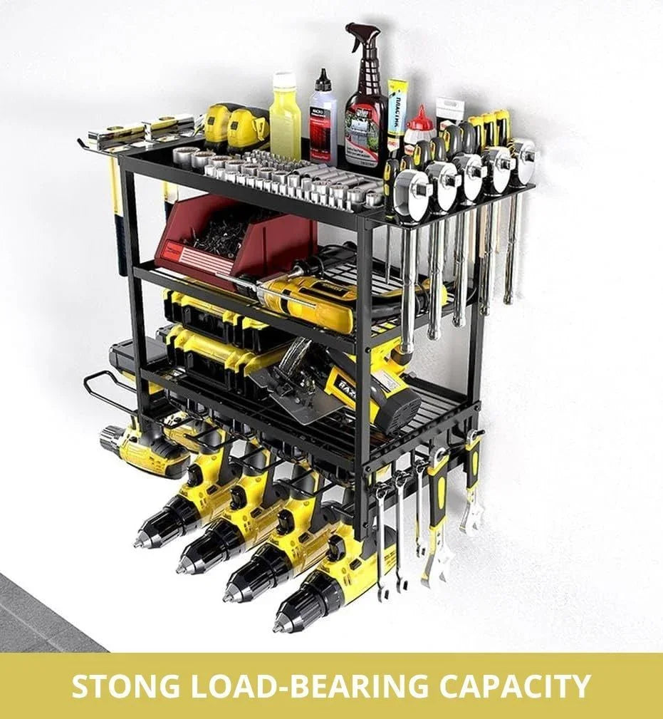 Black wall-mounted tool organizer holding drills, wrenches, measuring tapes, spray bottles, sockets, and toolboxes
