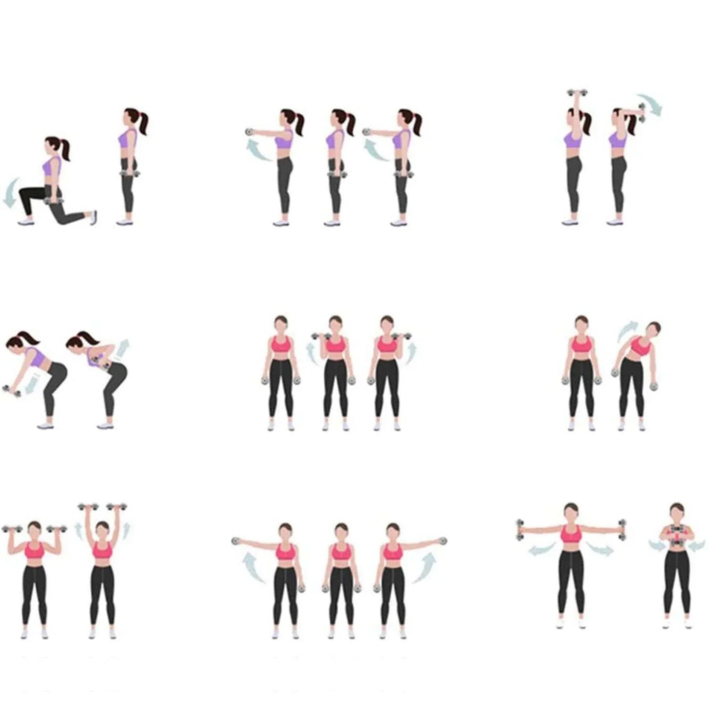 Woman demonstrating dumbbell exercises step by step for home workout routine