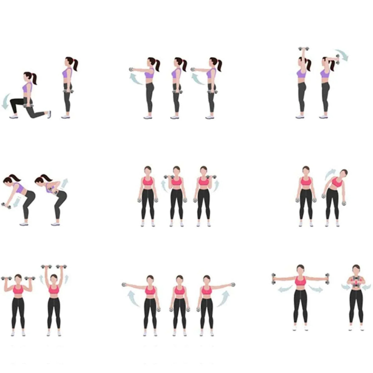 Woman demonstrating dumbbell exercises step by step for home workout routine