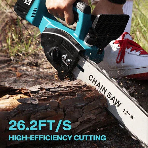 Person using a 12-inch blue electric chainsaw cutting a log with high-efficiency cutting at 26.2 feet per second