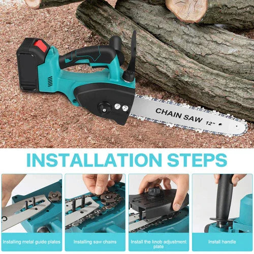 12-inch cordless chainsaw with teal body placed on wood chips near logs, installation steps shown below