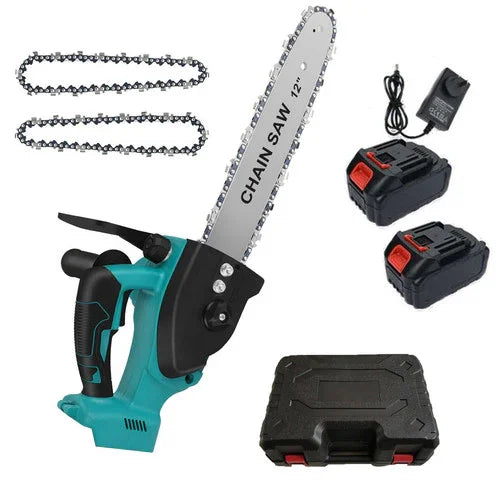 12-inch cordless electric chainsaw kit with two chains, two batteries, charger, and carrying case