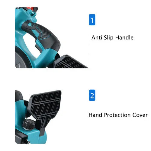 Close-up of blue power tool handle with anti-slip grip and protective hand cover features