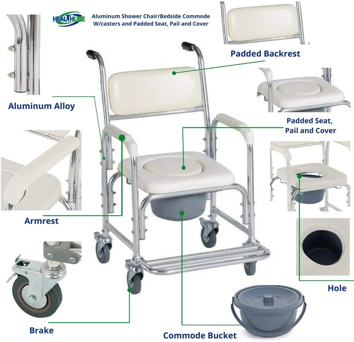 Mobile Shower Commode Chair Aluminum with Footrest - EQUIPMED Wheelchair