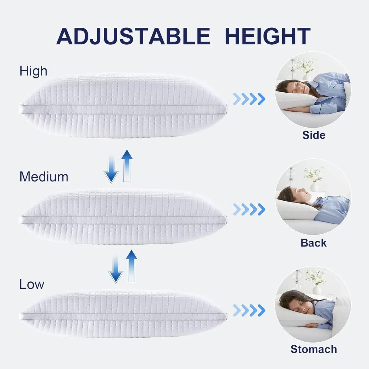 Adjustable height white pillow shown in high, medium, and low settings for side, back, and stomach sleeping positions