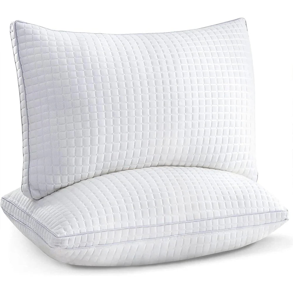 Two white rectangular pillows with textured square pattern and piped edges on white background