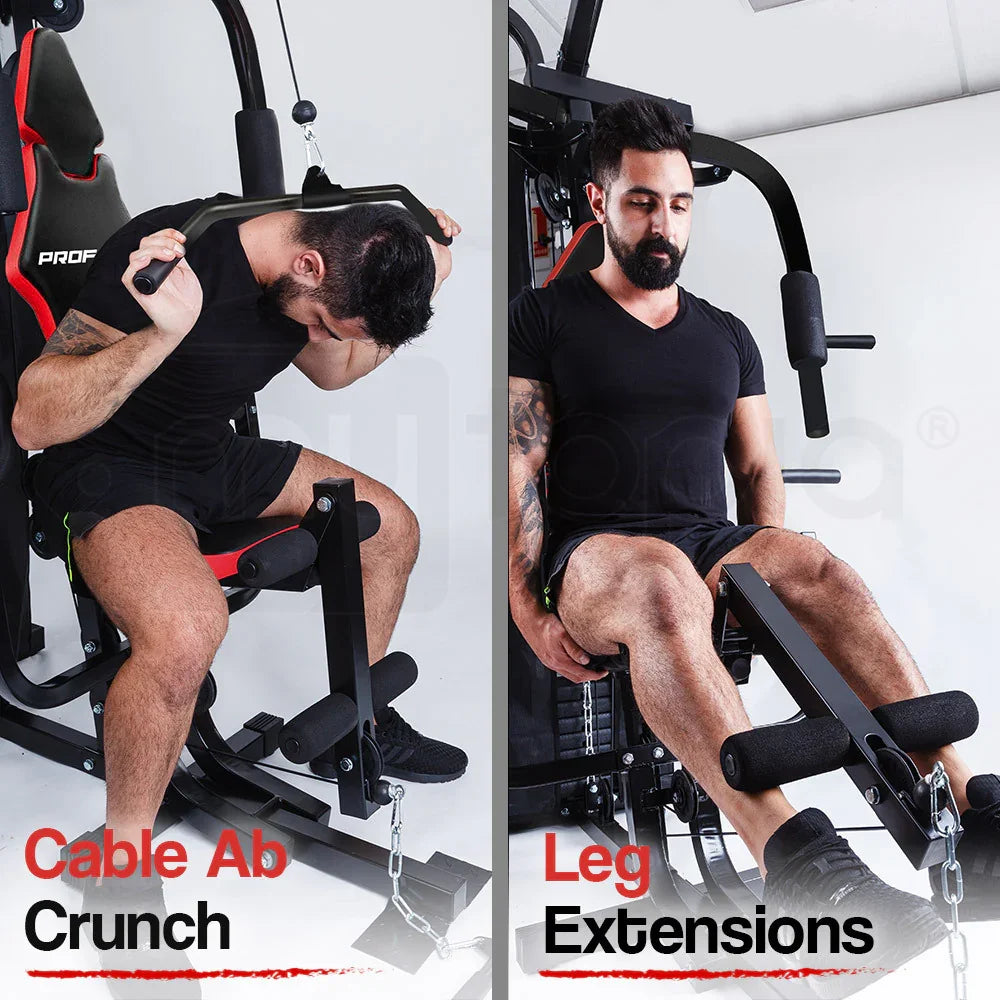 Man demonstrating cable ab crunch and leg extensions on home gym machine