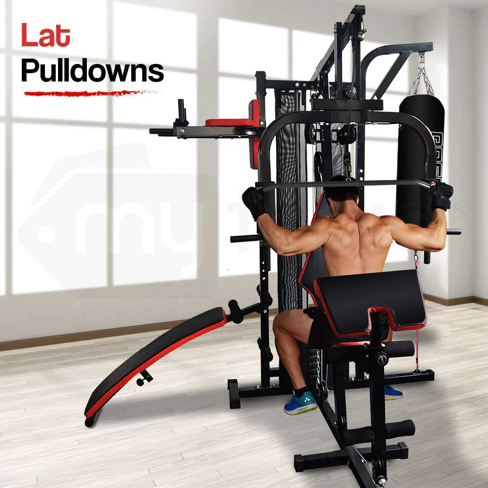 Man performing lat pulldowns on home gym machine in bright fitness room
