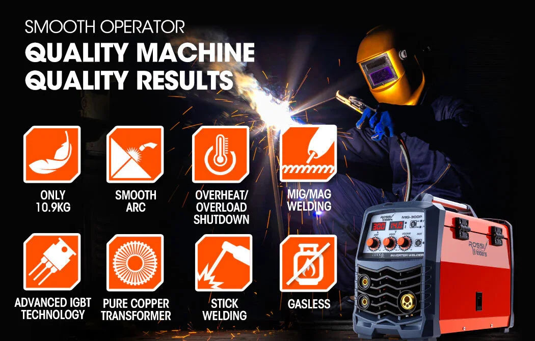 ROSSI 300A MIG Stick Welder - DC Gas Gasless Inverter 15A Plug