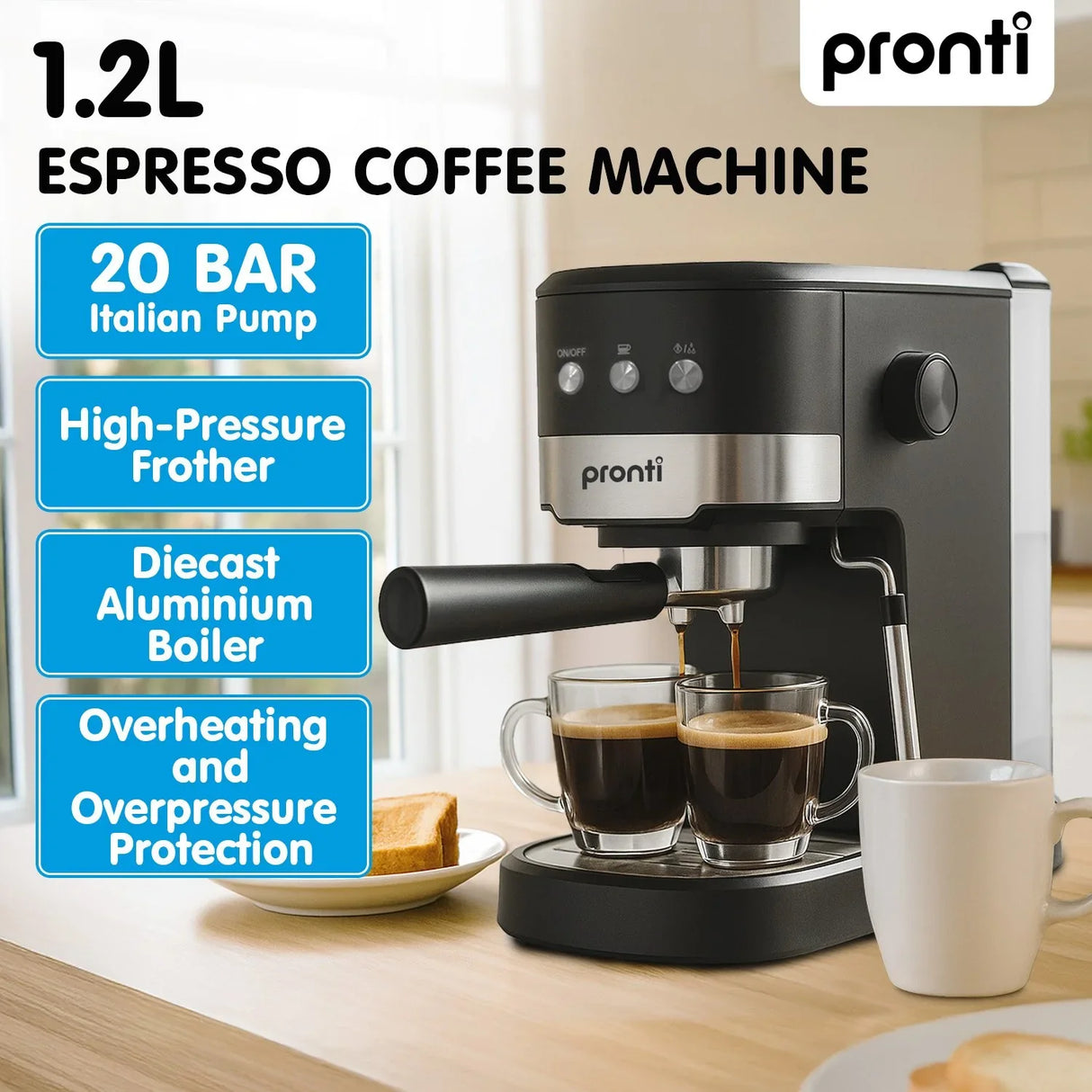 Pronti 20 Bar Espresso Machine with Milk Frother & 1.25L Tank