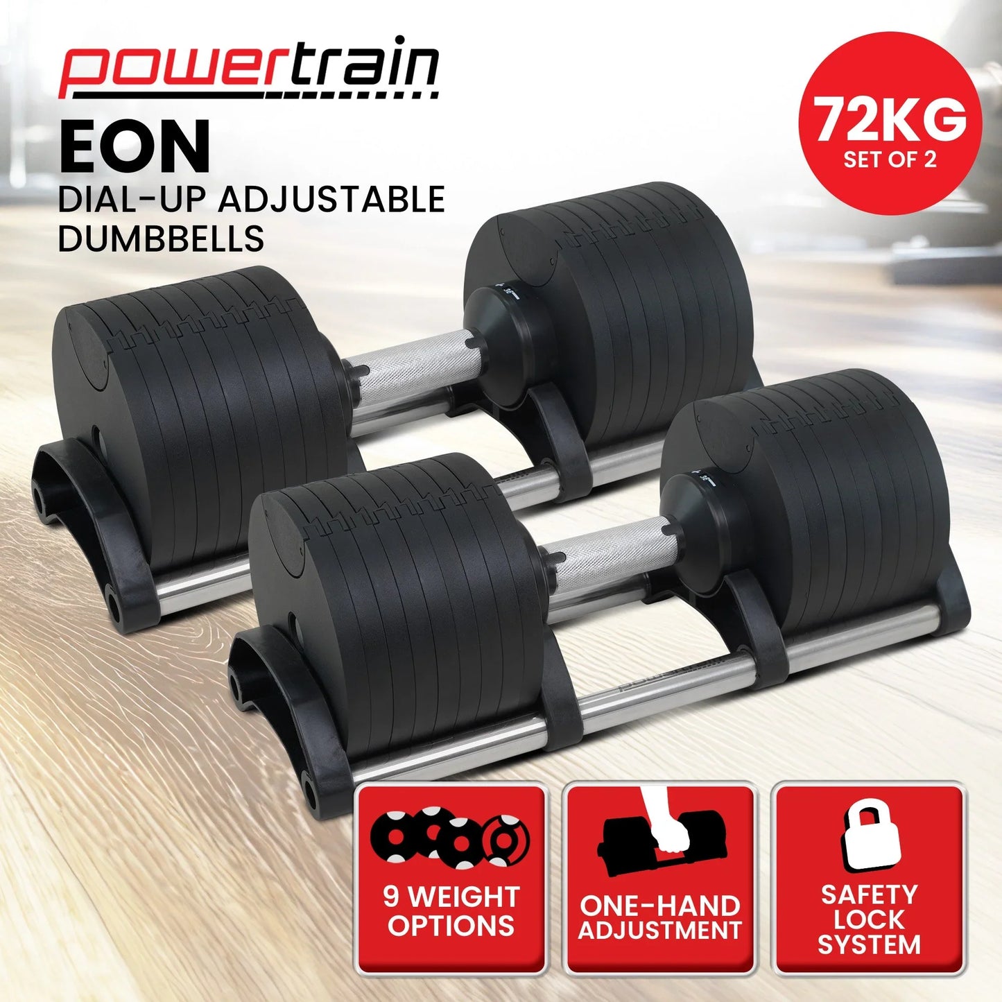 Powertrain EON adjustable dumbbells 72kg set, black, on wood floor, with dial-up system