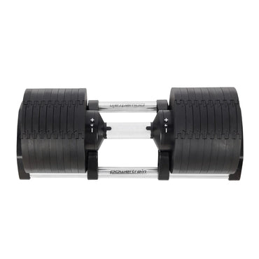 Adjustable black dumbbell with chrome handle on white background, Powertrain fitness equipment