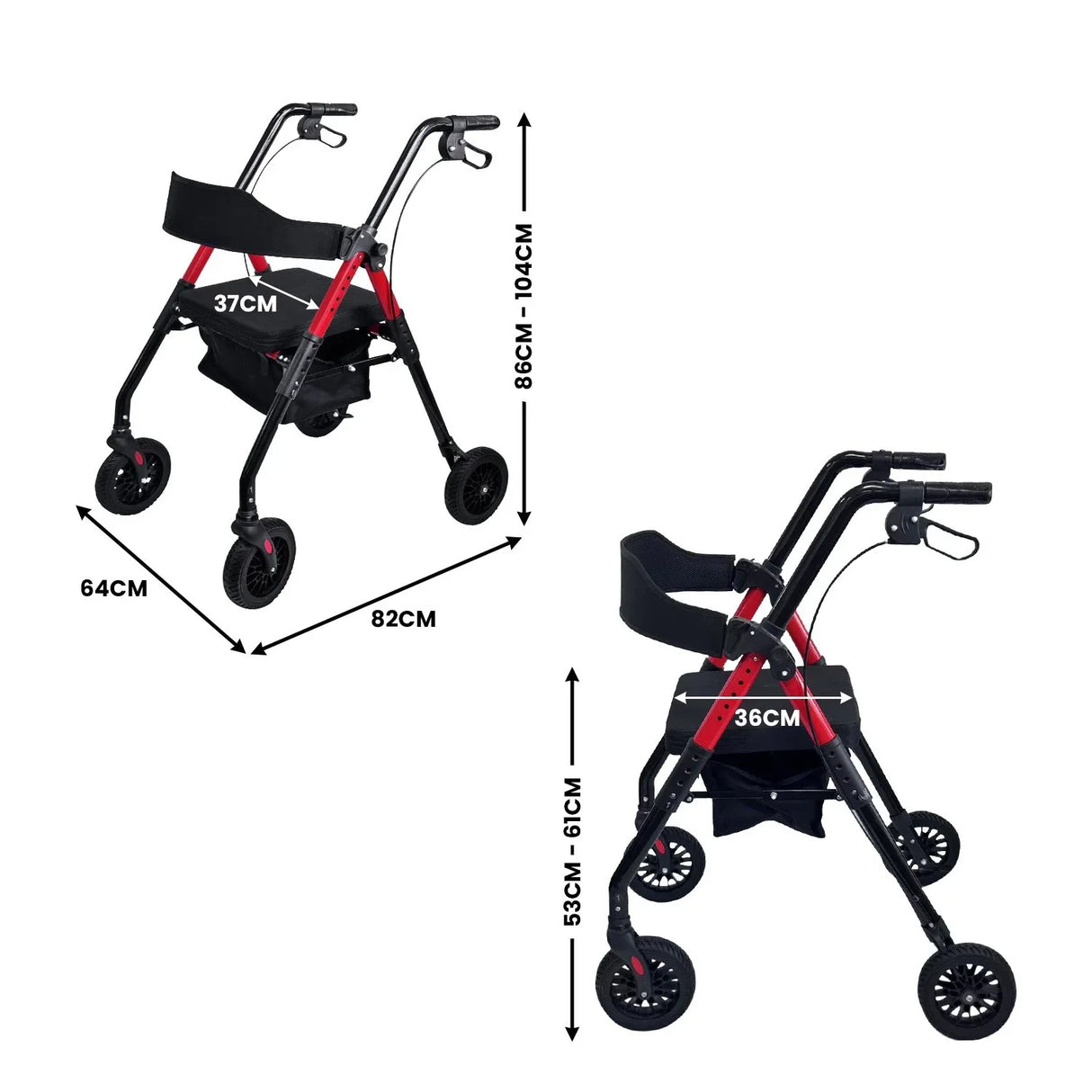 Rollator Walker Foldable Steel 136kg Capacity Red
