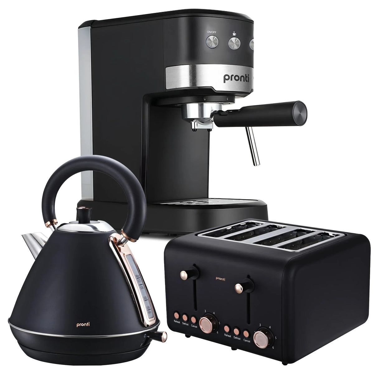 Pronti Breakfast Set - Rose Gold Kettle, Toaster & 1.2L Espresso Machine - Black