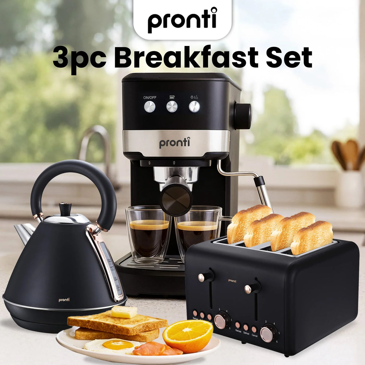 Pronti Breakfast Set - Rose Gold Kettle, Toaster & 1.2L Espresso Machine - Black