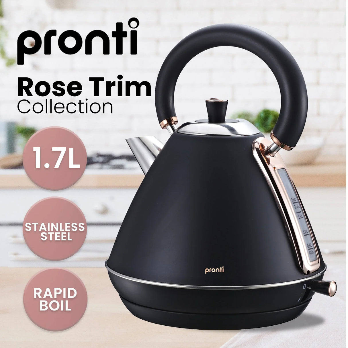 Pronti Breakfast Set - Rose Gold Kettle, Toaster & 1.2L Espresso Machine - Black