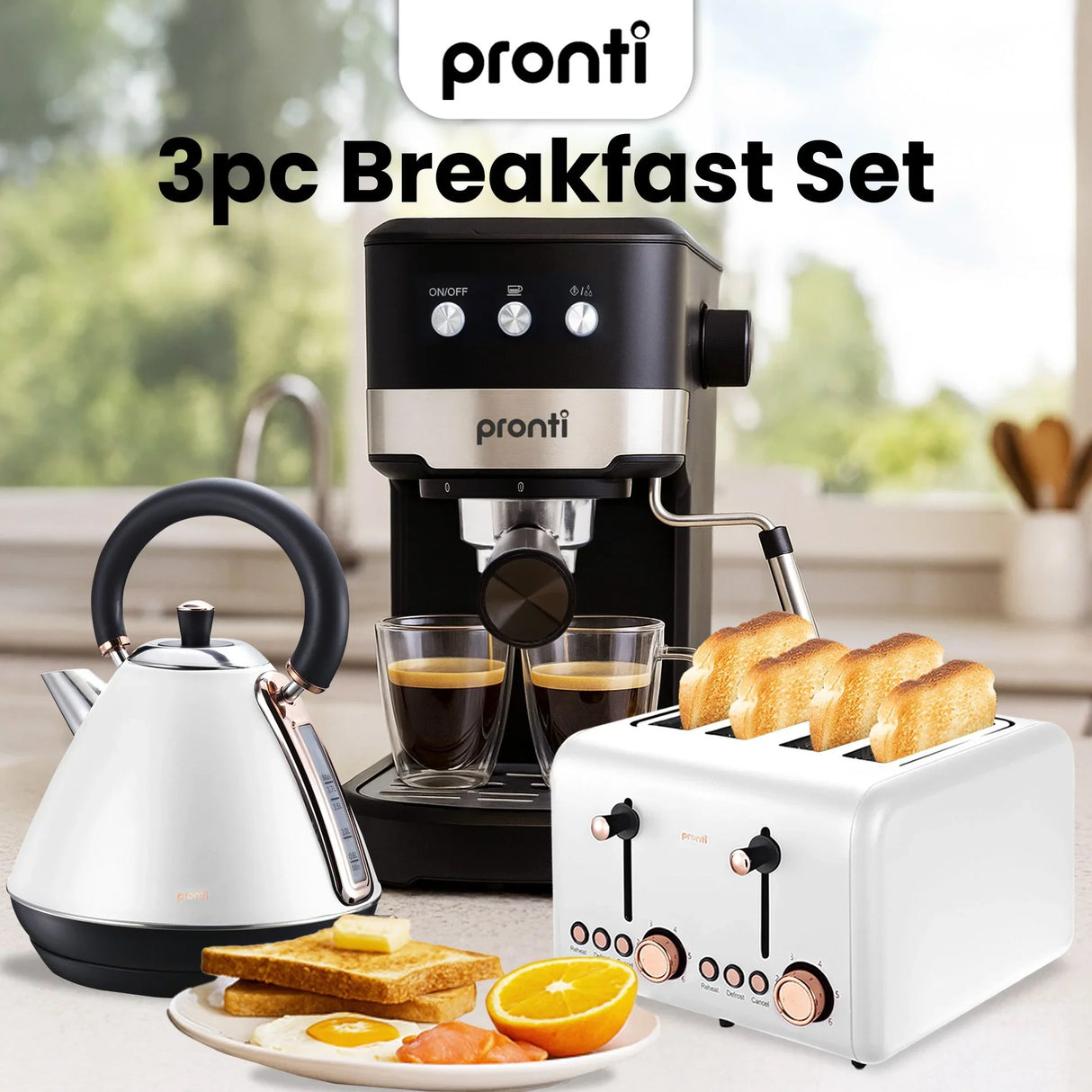 Pronti Breakfast Set - Rose Gold Kettle, Toaster & 1.2L Espresso Machine - White