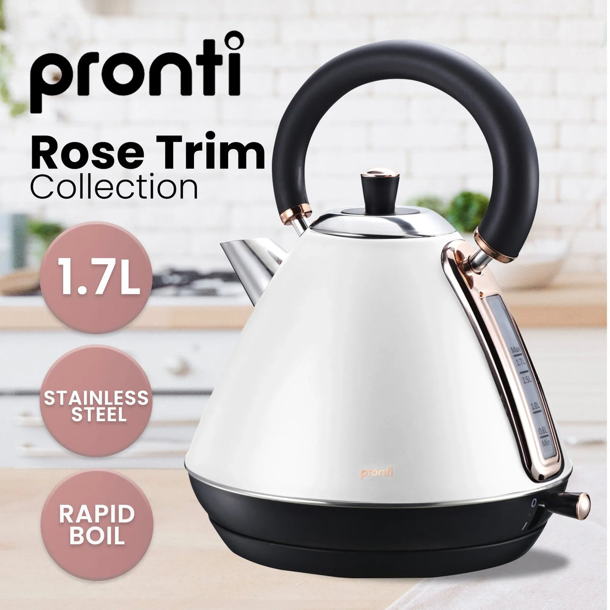 Pronti Breakfast Set - Rose Gold Kettle, Toaster & 1.2L Espresso Machine - White
