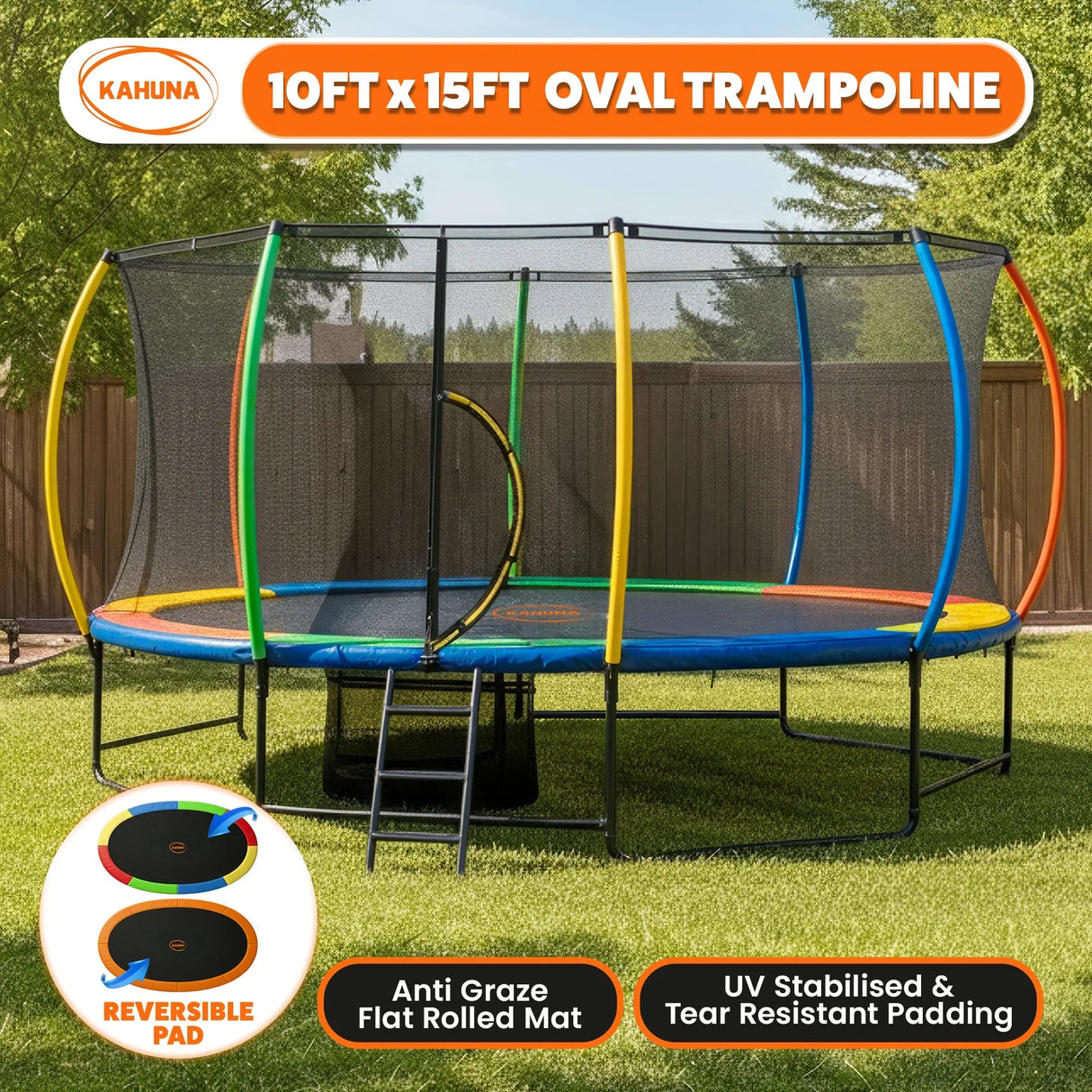 Kahuna 10x15ft Oval Trampoline Rainbow Safety Net Ladder Outdoor
