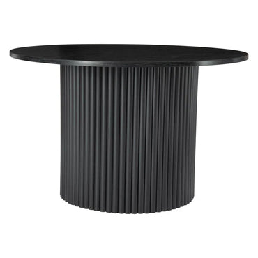 Round black modern dining table with fluted cylindrical base and smooth top