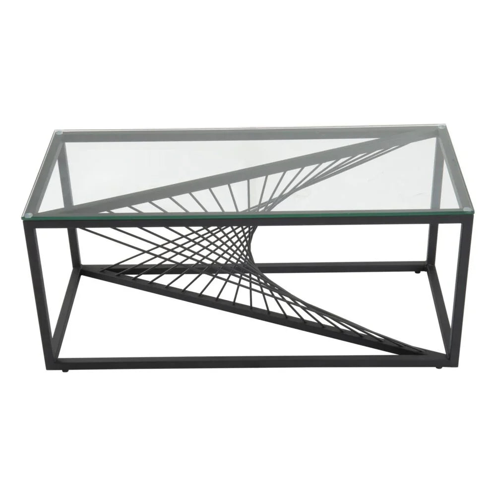 Modern rectangular glass coffee table with black metal geometric frame