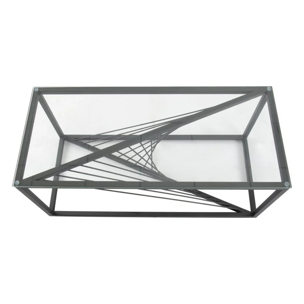Rectangular glass coffee table with black geometric metal frame and modern twisted base design