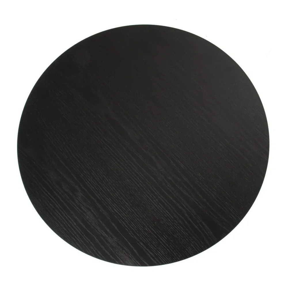 Round black wood table top with visible wood grain texture