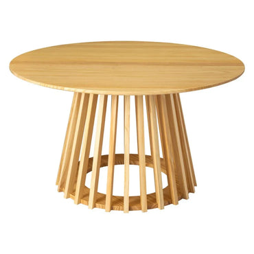 Modern round wooden dining table with slatted pedestal base, light oak finish