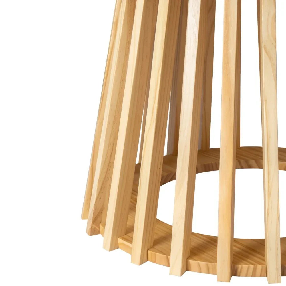 Modern light wood table base with vertical slats and round frame, close-up view