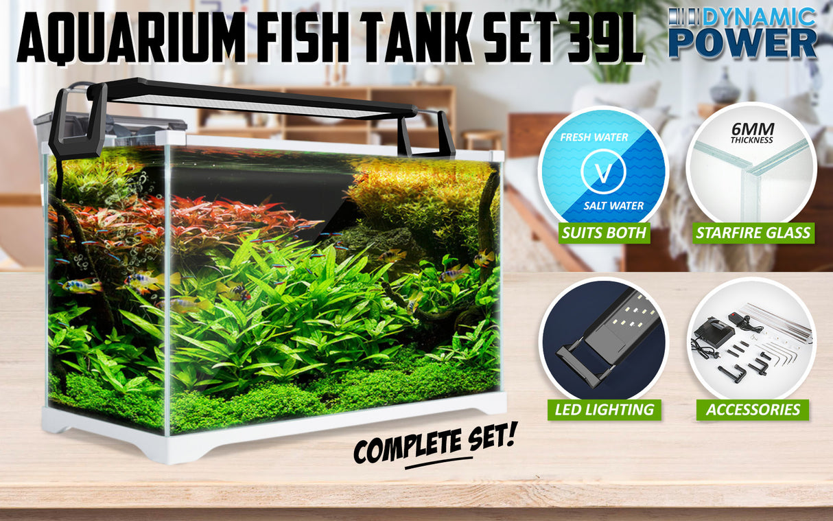 Aquarium Fish Tank 39L Starfire Glass 50x25x34cm Filter Pump LED