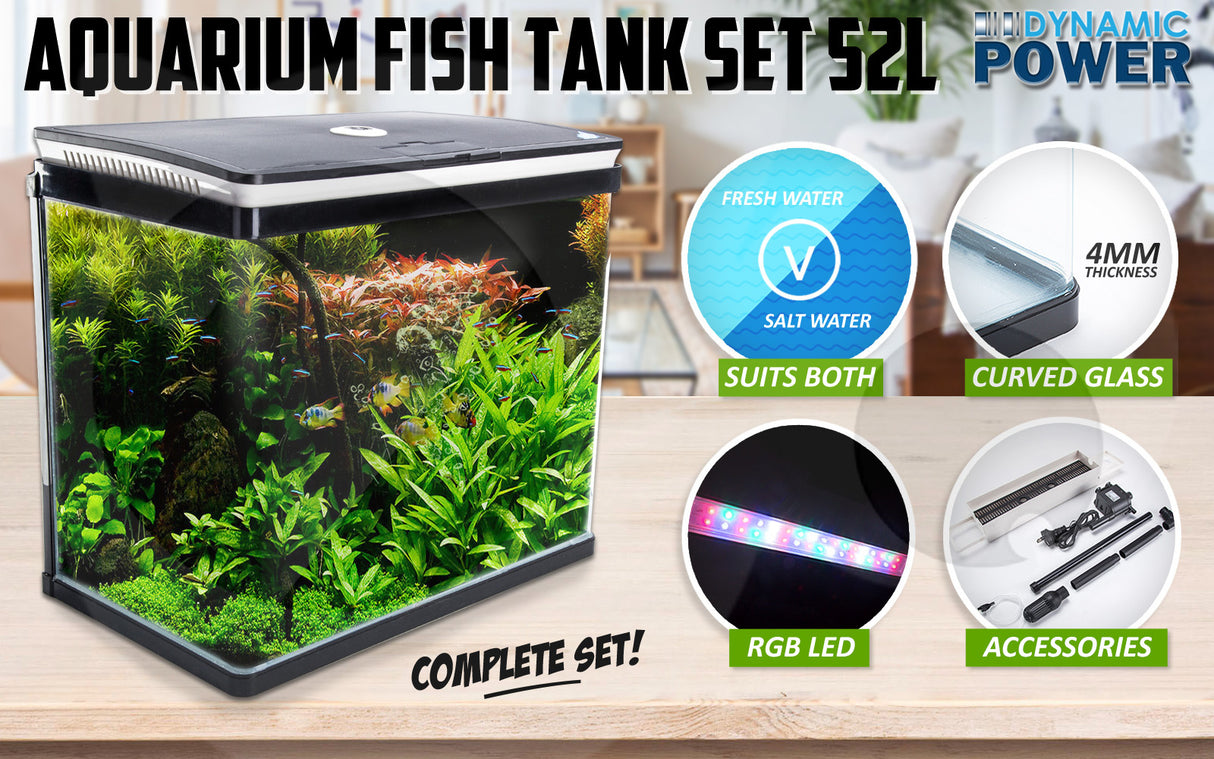 Aquarium Fish Tank 52L Curved Glass RGB LED Filter Pump 50x30x45cm