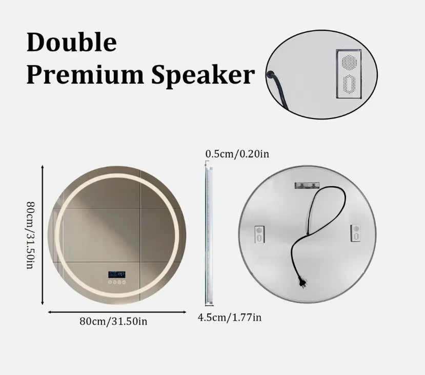 LED Bathroom Mirror Round 80cm Bluetooth Frameless - Interior Ave