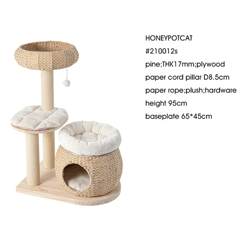 HONEYPOTCAT 93cm Plush Woven Cat Retreat - Compact Multi-Level Tower