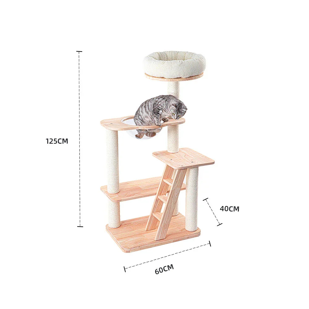 HONEYPOTCAT 125cm Serenity Plush Top Cat Tower - Wood Wax Finish
