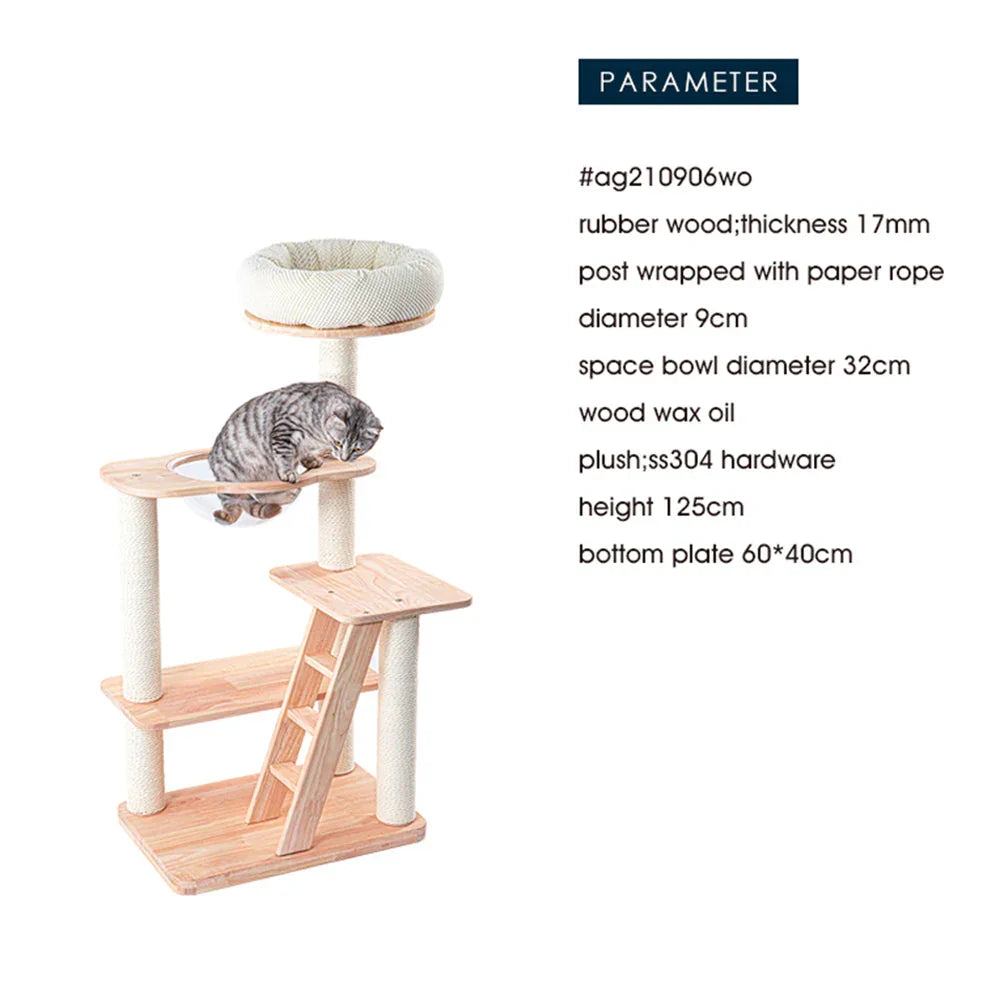 HONEYPOTCAT 125cm Serenity Plush Top Cat Tower - Wood Wax Finish