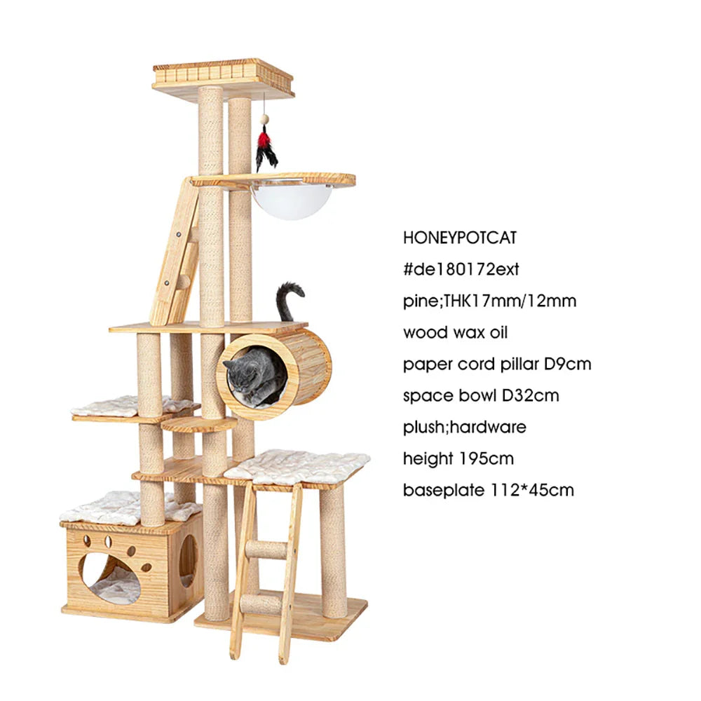 HONEYPOTCAT 195cm Regal Wood Cat Tree - Multi-Level Retreat