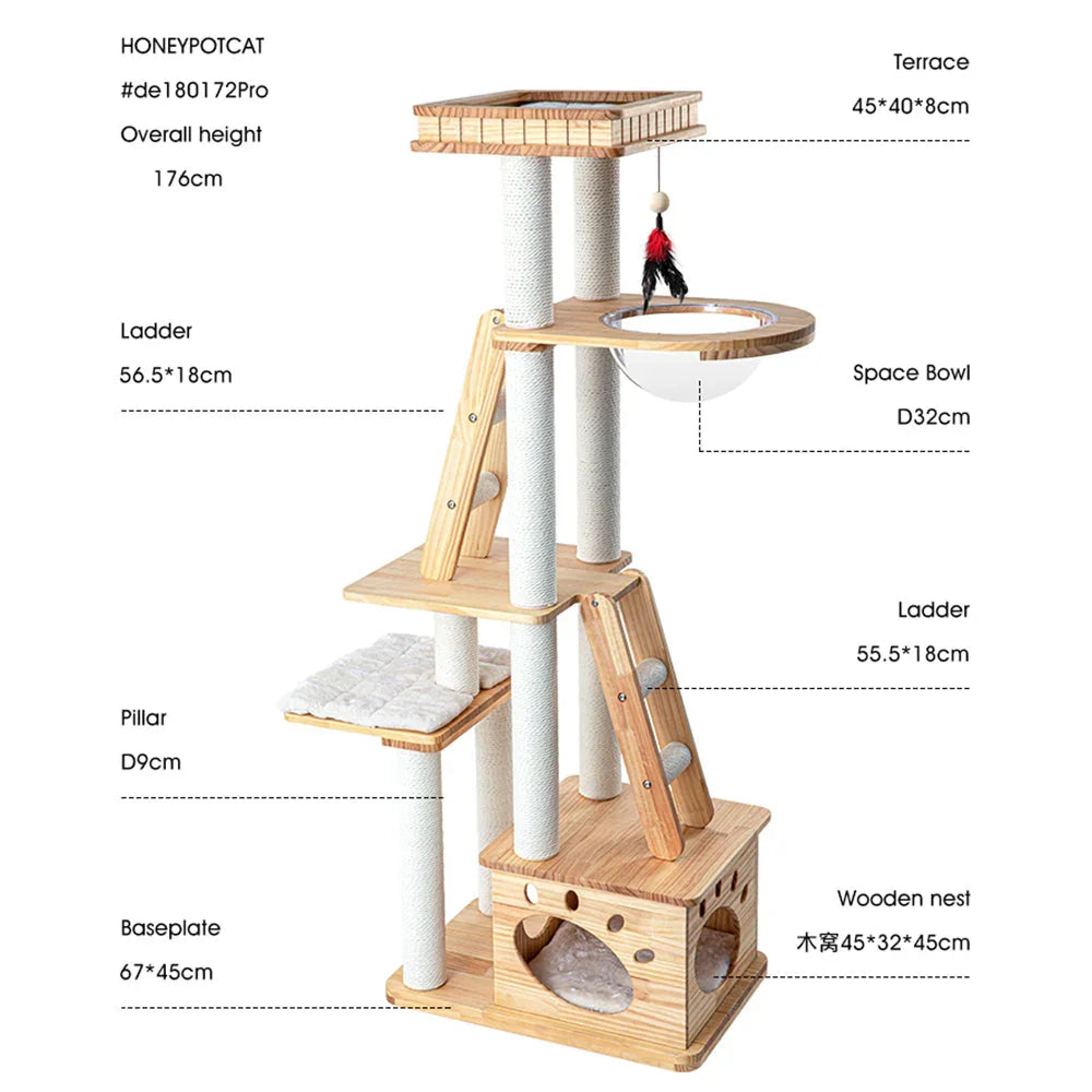 HONEYPOTCAT 176cm Majestic Wood Cat Tree - Multi-Level Retreat