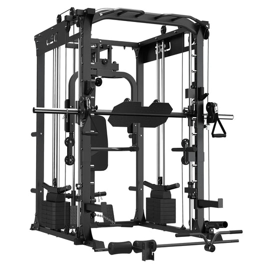 Multifunctional home gym power rack with cables, weight stacks, and attachments