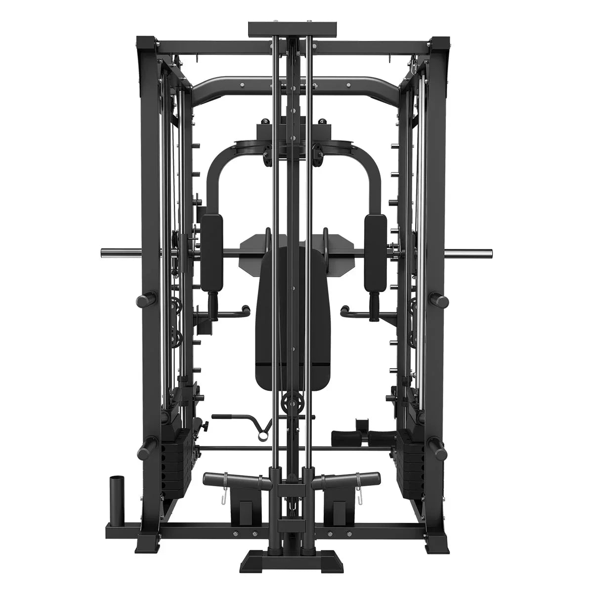Multi-function home gym machine with cables, bench, and weight stack in black