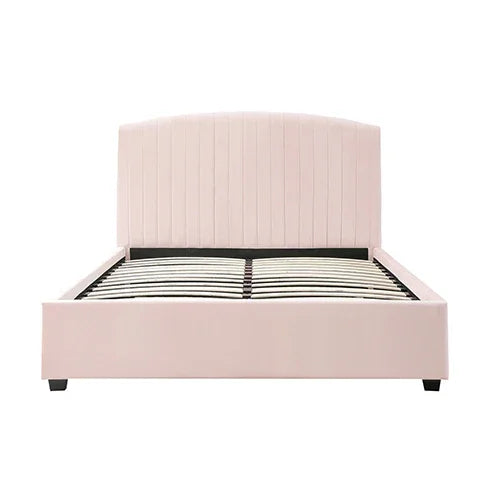 Camelia Double Size Bed Frame Pink Velvet Upholstery High Headboard Quality Slats Metal Structure - Flea Market