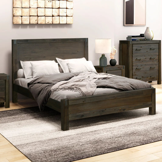 Bed Frame King Size in Solid Wood Veneered Acacia Bedroom Timber Slat in Chocolate - Flea Market