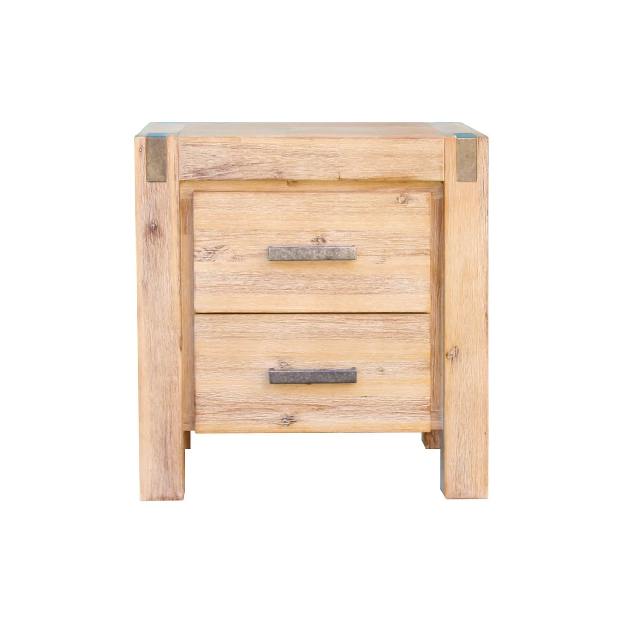Oak wood bedside table with two drawers and metal handles on a white background