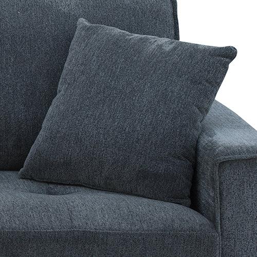 Dark gray modern sofa with matching cushion and soft fabric upholstery